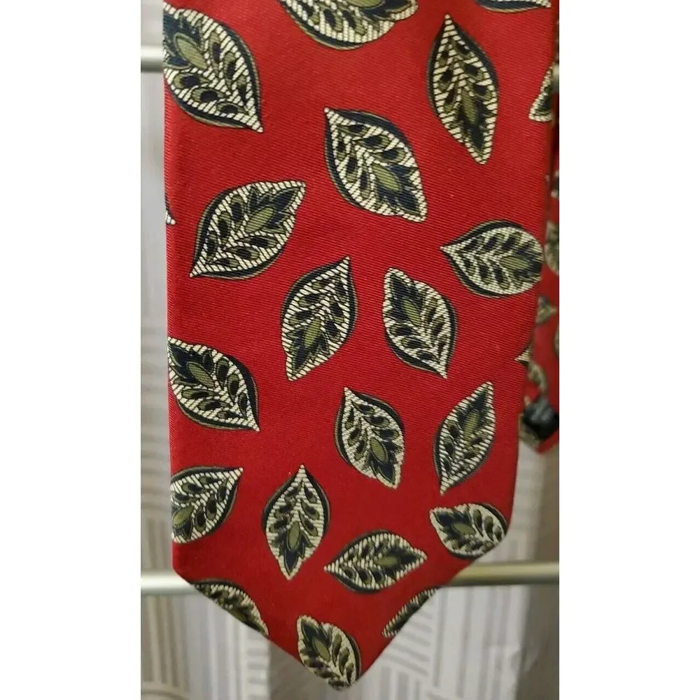 Lands' End Direct Merchants Luxury Tie Red Leafy‎ Printed Silk Necktie